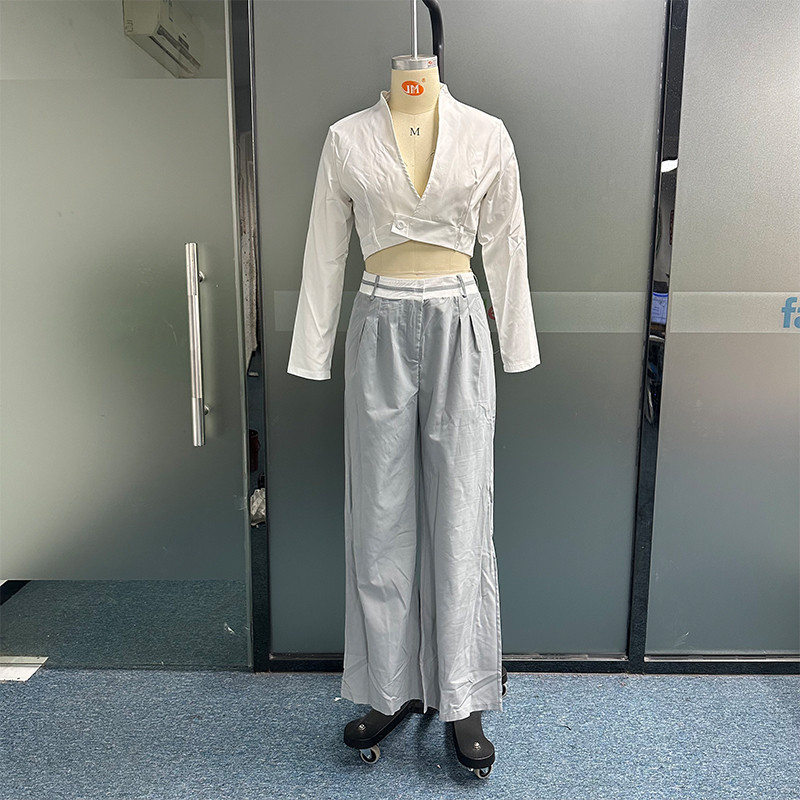 Waytobele női kétrészes divatos masszív hosszú ujjú hajtóka V nyakú, magas, egygombos rövid felső, bő zsebekkel nadrág szettek