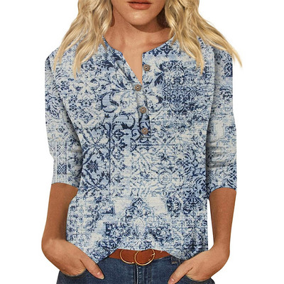 Ženske jesenske majice s 3/4 rukava, ljetne, etničke, cvjetne, uske, slatke majice s okruglim izrezom, uske majice s pola rukava, majice s kopčanjem, majice s kopčanjem