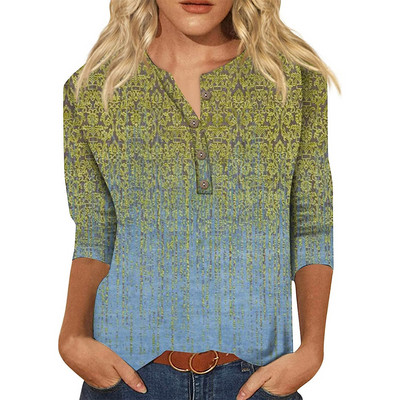 Ženske jesenske majice s 3/4 rukava, ljetne, etničke, cvjetne, uske, slatke majice s okruglim izrezom, uske majice s pola rukava, majice s kopčanjem, majice s kopčanjem