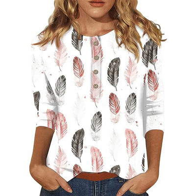 Ženske jesenske majice s 3/4 rukava, ljetne, etničke, cvjetne, uske, slatke majice s okruglim izrezom, uske majice s pola rukava, majice s kopčanjem, majice s kopčanjem