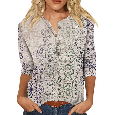 Ženske jesenske majice s 3/4 rukava, ljetne, etničke, cvjetne, uske, slatke majice s okruglim izrezom, uske majice s pola rukava, majice s kopčanjem, majice s kopčanjem