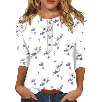 Ženske jesenske majice s 3/4 rukava, ljetne, etničke, cvjetne, uske, slatke majice s okruglim izrezom, uske majice s pola rukava, majice s kopčanjem, majice s kopčanjem