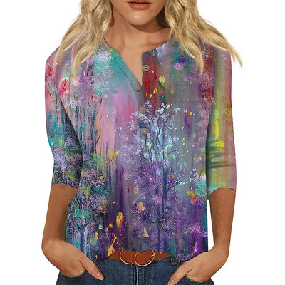 Ženske jesenske majice s 3/4 rukava, ljetne, etničke, cvjetne, uske, slatke majice s okruglim izrezom, uske majice s pola rukava, majice s kopčanjem, majice s kopčanjem