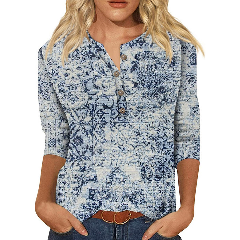 Ženske jesenske majice s 3/4 rukava, ljetne, etničke, cvjetne, uske, slatke majice s okruglim izrezom, uske majice s pola rukava, majice s kopčanjem, majice s kopčanjem