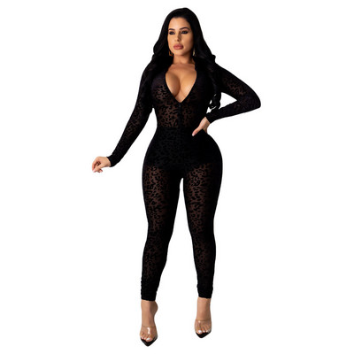 Sexy leopardový overal s potlačou, zipsom vpredu, priehľadným zipsom, zelený a čierny, s dlhým rukávom, body, nočný klub