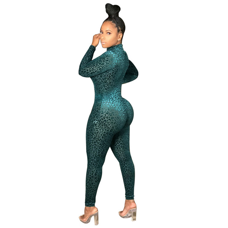 Sexy leopardový overal s potlačou, zipsom vpredu, priehľadným zipsom, zelený a čierny, s dlhým rukávom, body, nočný klub