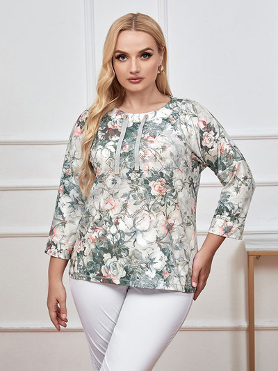 Top de damă cu mărimi mari, la modă de primăvară Top elegant, potrivit pentru topul casual din bumbac rotund pentru femei