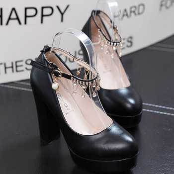 Дамски сватбени обувки Помпи с кристални каишки на глезена Бели рокли Обувки на среден ток Булчински обувки Дизайнерски обувки на платформа