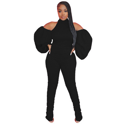 Ulični kombinezon s halterima bez leđa, s naborima, spuštenih ramena, dugih rukava, donjeg dijela kombinezona, široke zvonaste hlače s podijeljenim rukavima