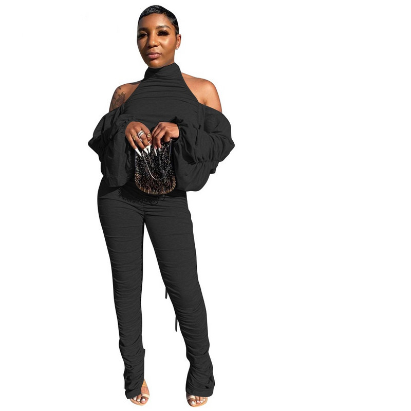 Ulični kombinezon s halterima bez leđa, s naborima, spuštenih ramena, dugih rukava, donjeg dijela kombinezona, široke zvonaste hlače s podijeljenim rukavima