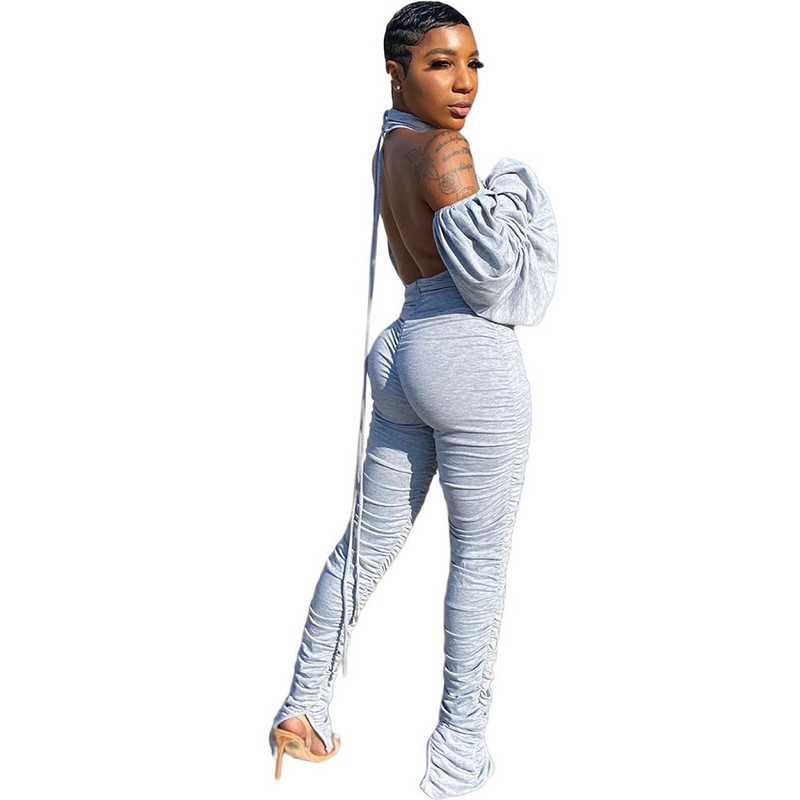 Ulični kombinezon s halterima bez leđa, s naborima, spuštenih ramena, dugih rukava, donjeg dijela kombinezona, široke zvonaste hlače s podijeljenim rukavima