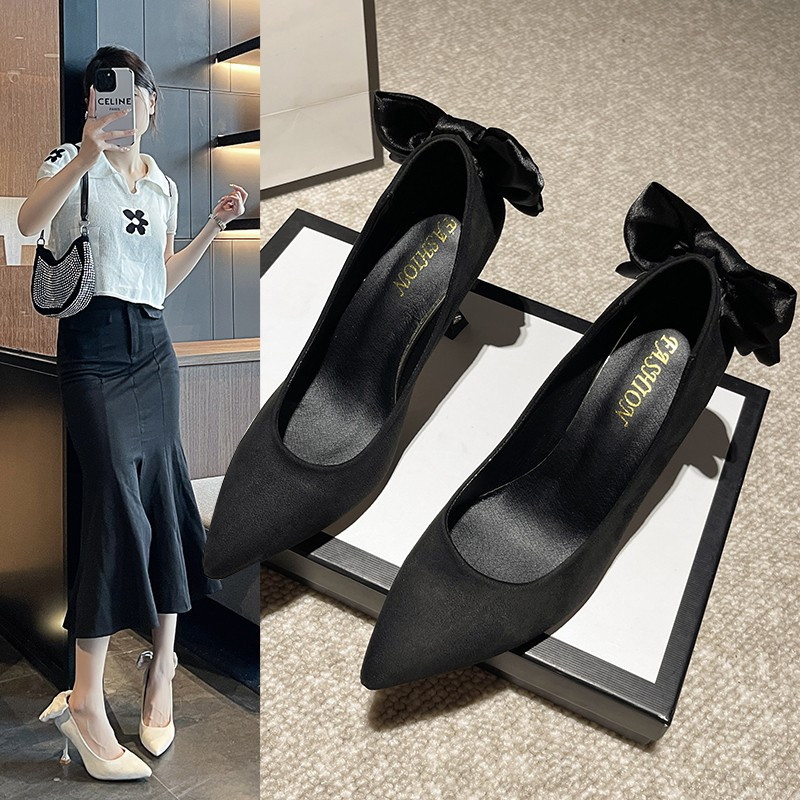 Decorație cu fundă stiletto cu vârf ascuțit nou, pantofi eleganti de damă, culoare uni, gură superficială, la modă, la banchet, la petrecere, tocuri înalte