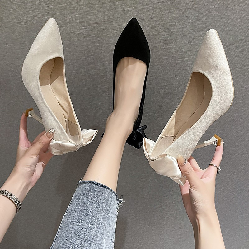 Decorație cu fundă stiletto cu vârf ascuțit nou, pantofi eleganti de damă, culoare uni, gură superficială, la modă, la banchet, la petrecere, tocuri înalte