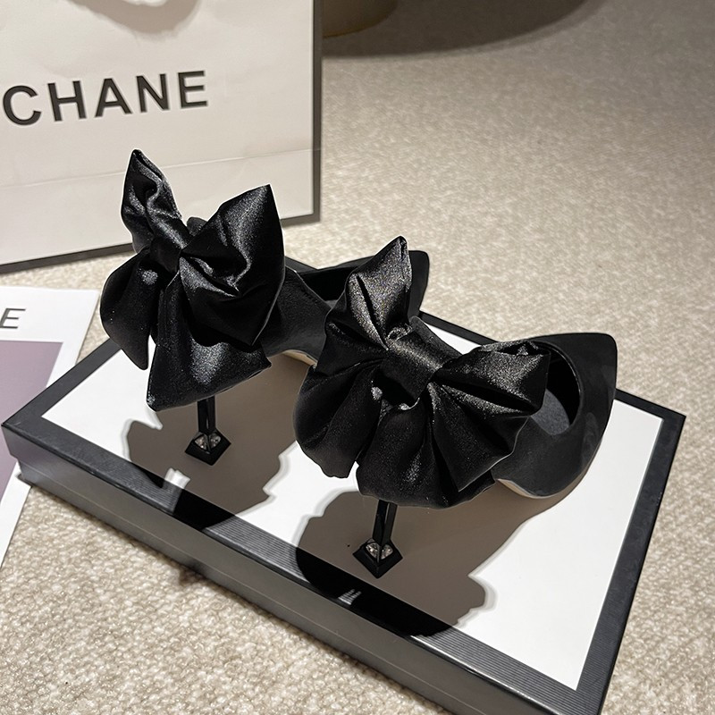 Decorație cu fundă stiletto cu vârf ascuțit nou, pantofi eleganti de damă, culoare uni, gură superficială, la modă, la banchet, la petrecere, tocuri înalte