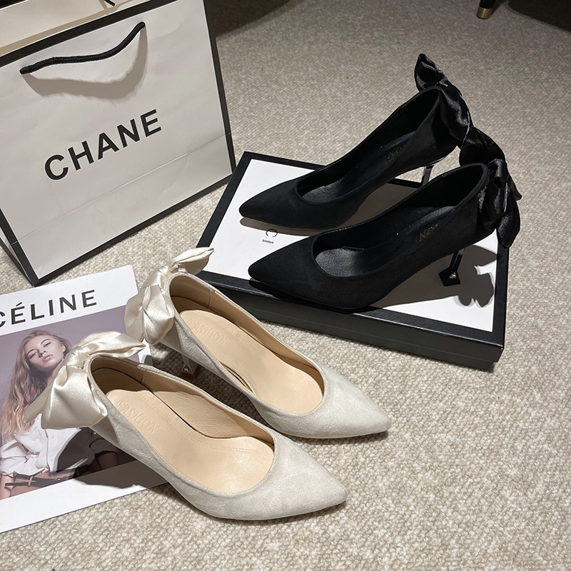 Decorație cu fundă stiletto cu vârf ascuțit nou, pantofi eleganti de damă, culoare uni, gură superficială, la modă, la banchet, la petrecere, tocuri înalte