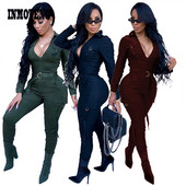 Ocazional buzunare Salopete subțire cu șuruburi Solid verde/vin/albastru Mâneci lungi Fermoar în față Decolteu în V Salopete elegante