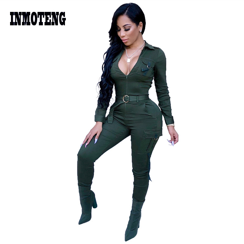 Ocazional buzunare Salopete subțire cu șuruburi Solid verde/vin/albastru Mâneci lungi Fermoar în față Decolteu în V Salopete elegante