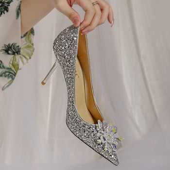Дамски сандали на супер високи токчета 2021 Есен Нова модна рокля Парти сватбени обувки Луксозни помпи Заострени плитки секси Zapatos