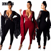 Dámsky sexy overal s veľkým rozšíreným rukávom a priehľadnou čipkou, hlboký výstrih do V, kombinéza s nočným klubom a párty outfitom