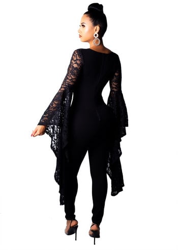 Super Big Flare Sleeve See Through Sheer Lace Jumpsuit Γυναικεία σέξι βαθύ V λαιμόκοψη φόρμες νυχτερινής λέσχης φορμάκια για πάρτι