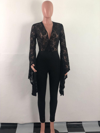 Dámsky sexy overal s veľkým rozšíreným rukávom a priehľadnou čipkou, hlboký výstrih do V, kombinéza s nočným klubom a párty outfitom