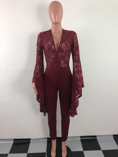 Dámsky sexy overal s veľkým rozšíreným rukávom a priehľadnou čipkou, hlboký výstrih do V, kombinéza s nočným klubom a párty outfitom