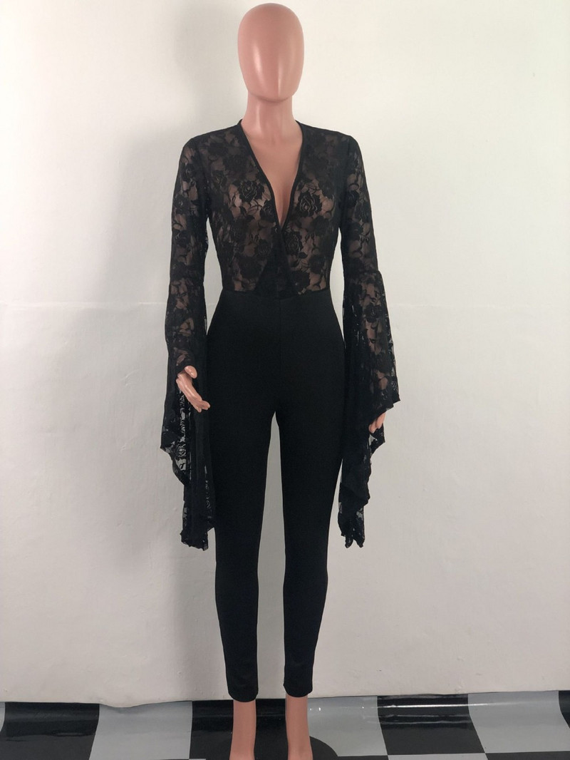 Dámsky sexy overal s veľkým rozšíreným rukávom a priehľadnou čipkou, hlboký výstrih do V, kombinéza s nočným klubom a párty outfitom