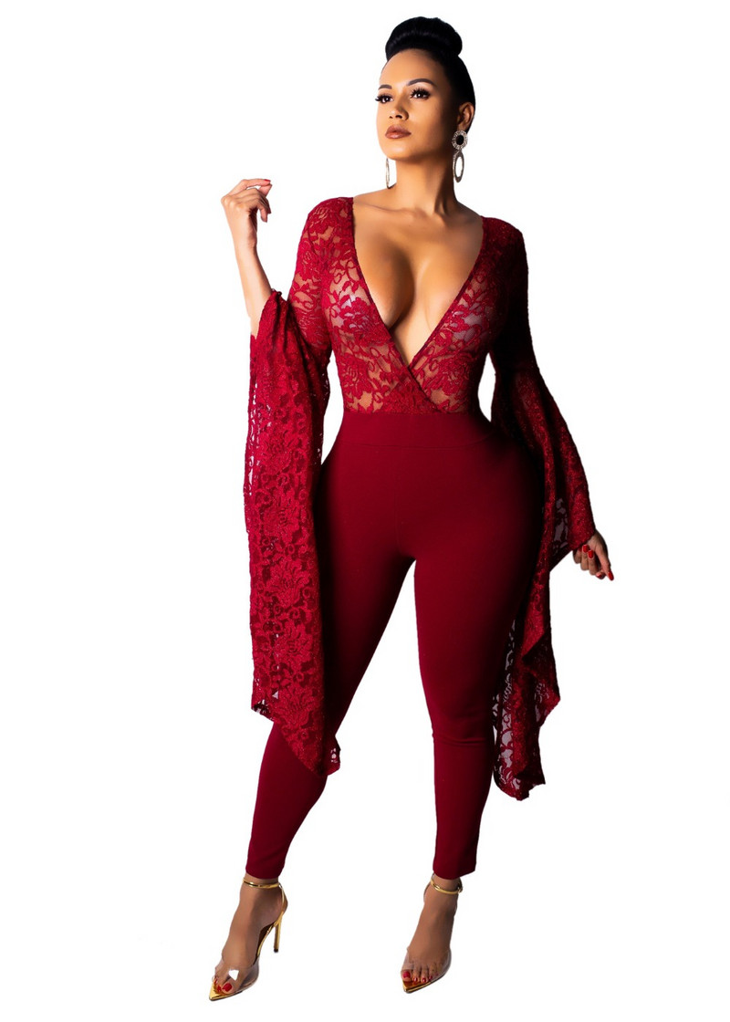 Dámsky sexy overal s veľkým rozšíreným rukávom a priehľadnou čipkou, hlboký výstrih do V, kombinéza s nočným klubom a párty outfitom