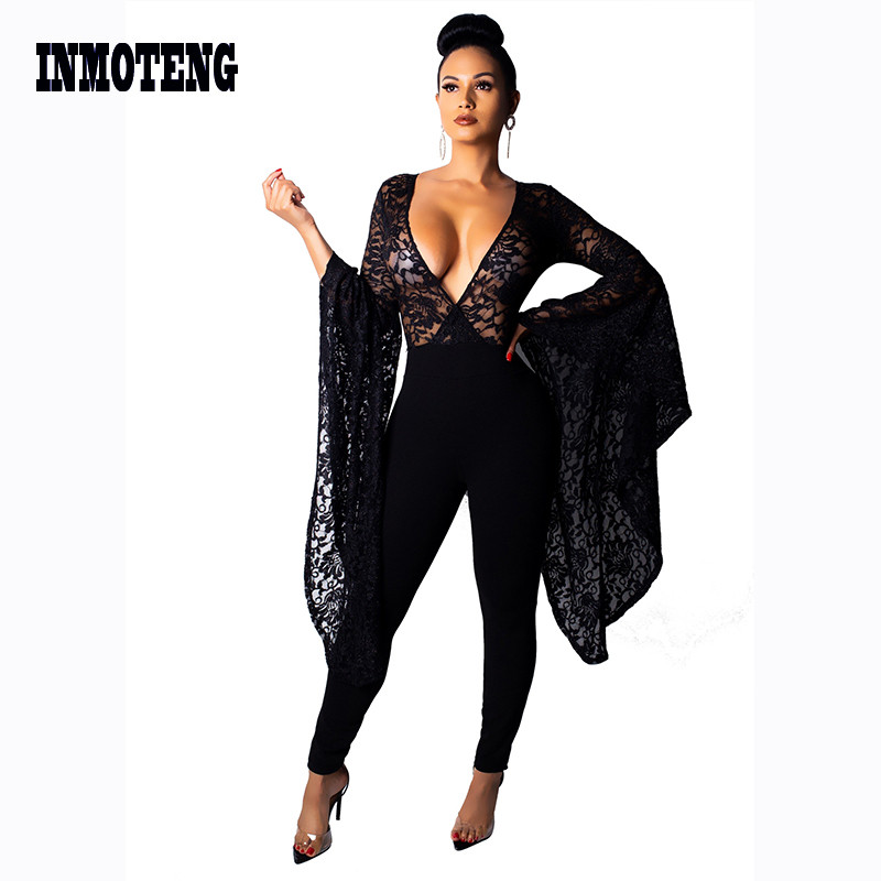 Dámsky sexy overal s veľkým rozšíreným rukávom a priehľadnou čipkou, hlboký výstrih do V, kombinéza s nočným klubom a párty outfitom