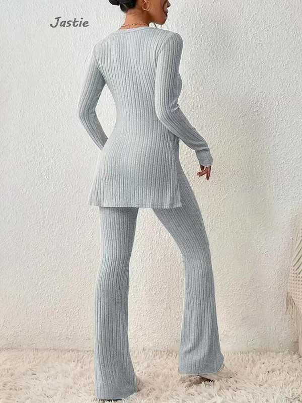 Dvodijelni komplet pletenih hlača s pletenim prugama, tanki pulover s dugim rukavima, dvodijelni set za žene, jednobojno, jednostavno odijelo s puloverom, kućno