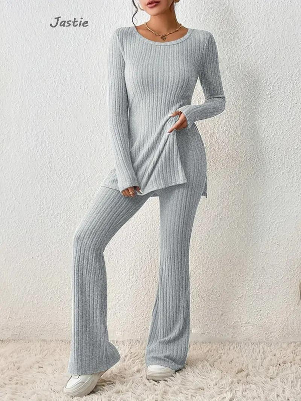 Dvodijelni komplet pletenih hlača s pletenim prugama, tanki pulover s dugim rukavima, dvodijelni set za žene, jednobojno, jednostavno odijelo s puloverom, kućno