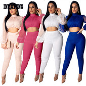 INMOTENG proljetna dolčevita prozirna dolčevita s točkastim kompletom od 2 komada Bijelo/ružičasta skraćena majica s dugim hlačama Kombinezon