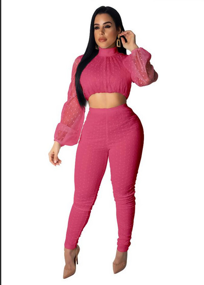 INMOTENG proljetna dolčevita prozirna dolčevita s točkastim kompletom od 2 komada Bijelo/ružičasta skraćena majica s dugim hlačama Kombinezon