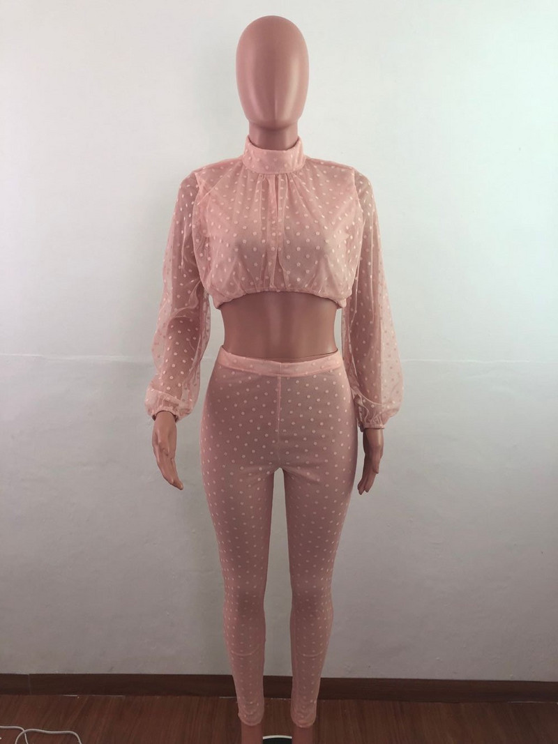 INMOTENG proljetna dolčevita prozirna dolčevita s točkastim kompletom od 2 komada Bijelo/ružičasta skraćena majica s dugim hlačama Kombinezon