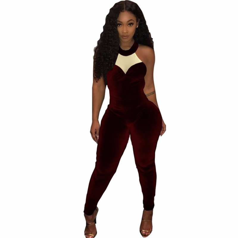 Ženski dugi baršunasti kombinezon bez rukava u boji patchwork Ljetni kombinezon s visokim strukom i patentnim zatvaračem na leđima Kombinacija uskog ženskog kombinezona