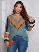 Finjani Plus Size naiste T-särk lillemustriga täpiline V-kaelusega tee Casual Colorblock riided sügiseks, uus