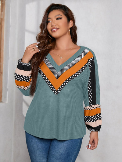 Finjani Plus Size naiste T-särk lillemustriga täpiline V-kaelusega tee Casual Colorblock riided sügiseks, uus