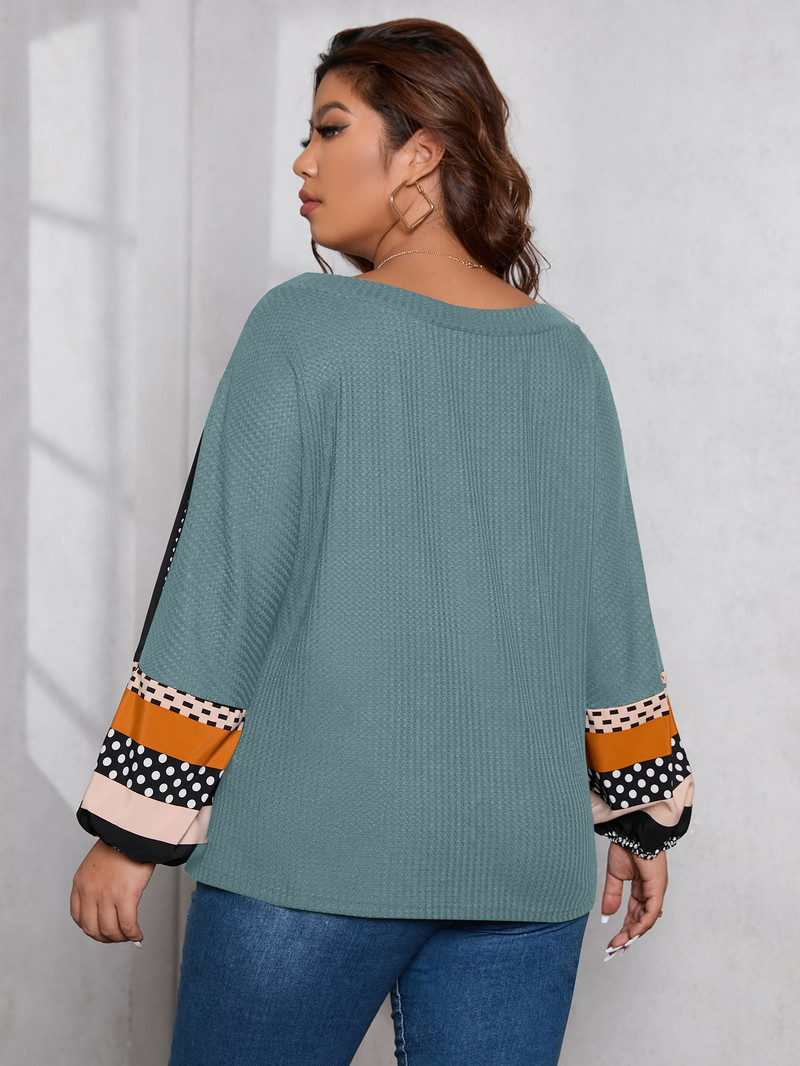 Finjani Plus Size naiste T-särk lillemustriga täpiline V-kaelusega tee Casual Colorblock riided sügiseks, uus