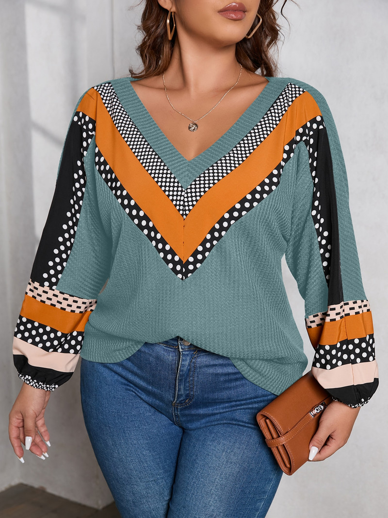 Finjani Plus Size naiste T-särk lillemustriga täpiline V-kaelusega tee Casual Colorblock riided sügiseks, uus