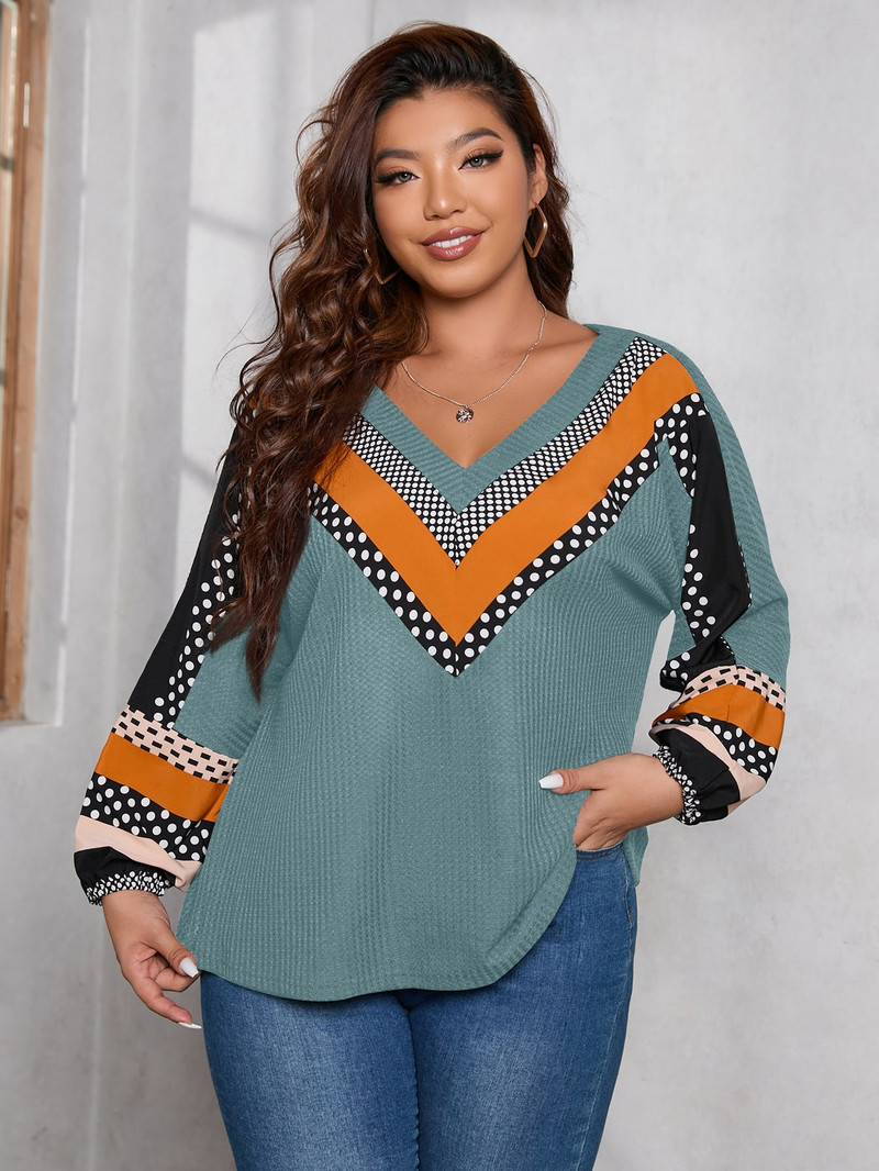 Finjani Plus Size naiste T-särk lillemustriga täpiline V-kaelusega tee Casual Colorblock riided sügiseks, uus