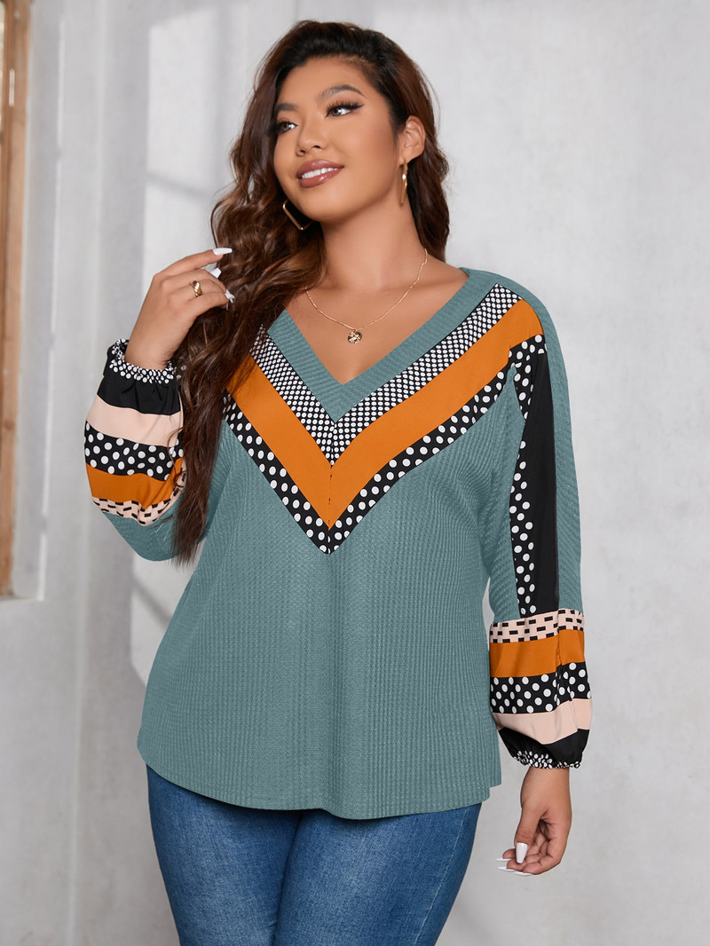 Finjani Plus Size naiste T-särk lillemustriga täpiline V-kaelusega tee Casual Colorblock riided sügiseks, uus