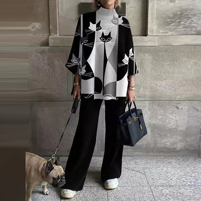 Odijelo s polu visokim ovratnikom i gornjim dijelom širokih hlača Proljeće Jesen Ženski ležerni odgovarajući komplet Ženska elegantna ulična odjeća s printom