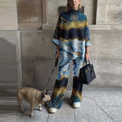 Odijelo s polu visokim ovratnikom i gornjim dijelom širokih hlača Proljeće Jesen Ženski ležerni odgovarajući komplet Ženska elegantna ulična odjeća s printom