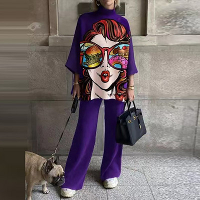 Odijelo s polu visokim ovratnikom i gornjim dijelom širokih hlača Proljeće Jesen Ženski ležerni odgovarajući komplet Ženska elegantna ulična odjeća s printom