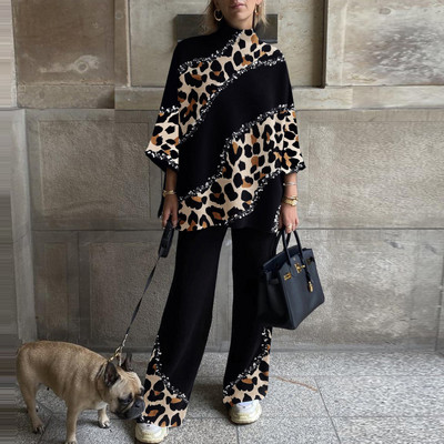 Odijelo s polu visokim ovratnikom i gornjim dijelom širokih hlača Proljeće Jesen Ženski ležerni odgovarajući komplet Ženska elegantna ulična odjeća s printom