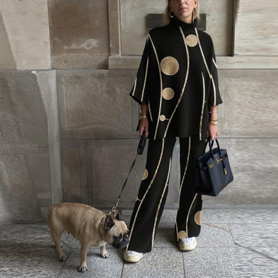 Odijelo s polu visokim ovratnikom i gornjim dijelom širokih hlača Proljeće Jesen Ženski ležerni odgovarajući komplet Ženska elegantna ulična odjeća s printom