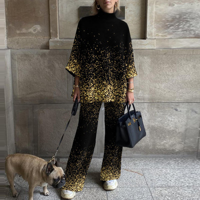 Odijelo s polu visokim ovratnikom i gornjim dijelom širokih hlača Proljeće Jesen Ženski ležerni odgovarajući komplet Ženska elegantna ulična odjeća s printom