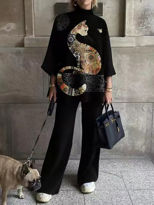 Odijelo s polu visokim ovratnikom i gornjim dijelom širokih hlača Proljeće Jesen Ženski ležerni odgovarajući komplet Ženska elegantna ulična odjeća s printom