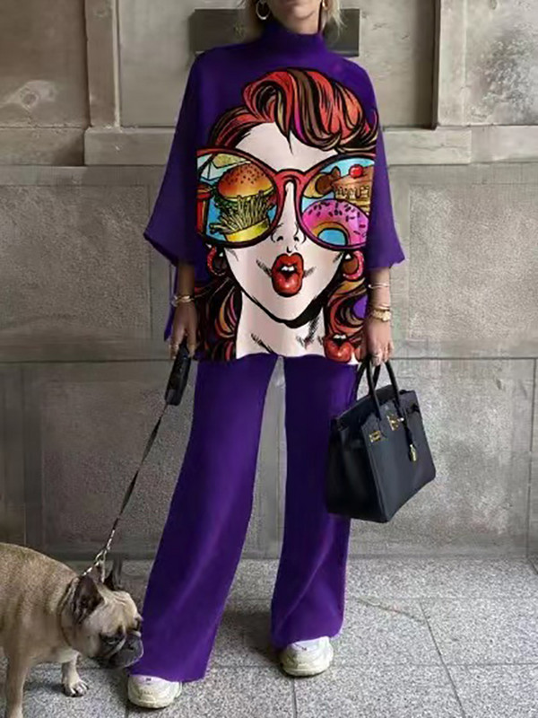 Odijelo s polu visokim ovratnikom i gornjim dijelom širokih hlača Proljeće Jesen Ženski ležerni odgovarajući komplet Ženska elegantna ulična odjeća s printom