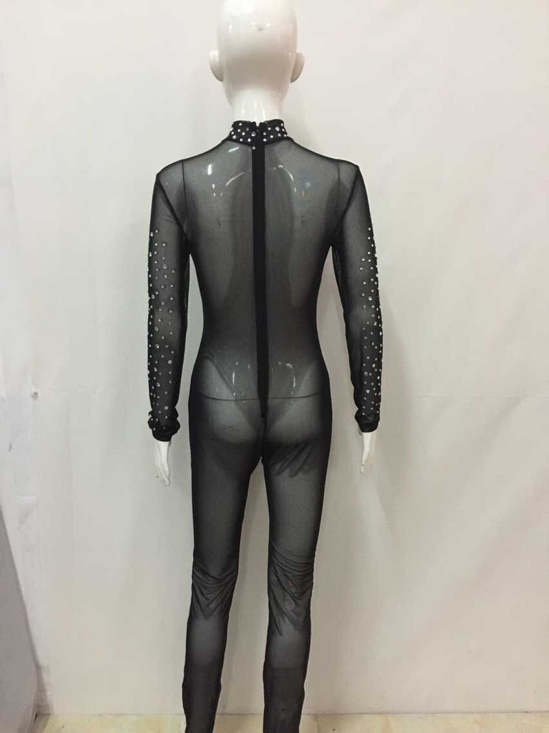 Naiste võrgust läbipaistev Bodyconi kombinesoon Seksikas täisvarrukatega kristallist litriga ühes tükis mängukostüümid Turtleneck tõmblukuga selja kombinesoon